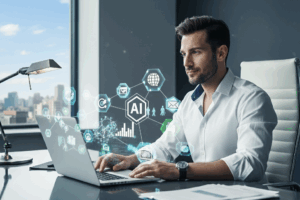 person using laptop to complete online ai course